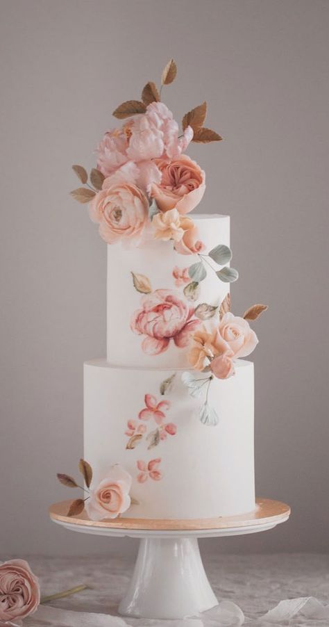 Hand Painted Cake Designs, Trending Wedding Cakes, Floral Theme Cake, Peony Wedding Cake, Wedding Cake Fondant, 2 Tier Wedding Cake, Hand Painted Cake, Hand Painted Wedding Cake, Cake Elegant