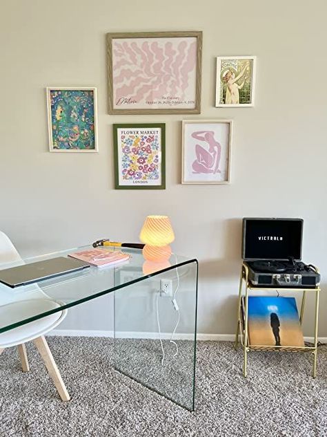 Glass Desk Bedroom, Groovy Home Office, Mushroom Lamp Decor, Colorful Desk Ideas, Clear Desk Aesthetic, Desk Design Ideas Bedrooms, Glass Desk Aesthetic, Glass Desk Ideas, Glass Desk Office Decor