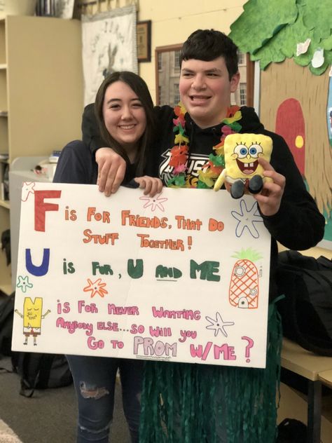 Cheesy Hoco Posters, Corny Homecoming Proposal Ideas, Sadies Proposals Friends, Hoco Proposals Ideas Brent Faiyaz, Spongebob Homecoming Proposals, Hoco Poster Ideas Funny, Promposal Ideas For Best Friends Funny, Spongebob Hoco Proposals, Funny Promposal Ideas Friends