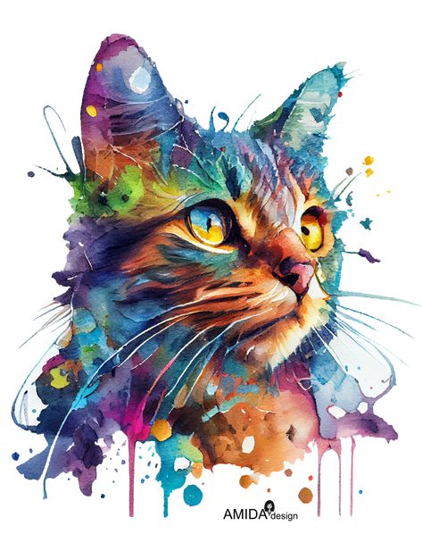 Colorful Watercolor painting of a Cat portrait Animal Lover Drawing, Cat Watercolor Art, Colorful Cat Painting, Cat Art Watercolor, Cat Illustration Design, Watercolour Cats, Colorful Cat Art, Watercolour Cat, Cat Watercolour