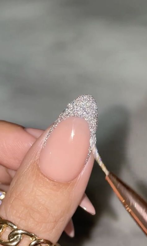 Sparkly Silver Nails, Sparkly French Tip Nails, Silver Sparkly Nails, Sparkly French Tips, Silver Sparkle Nails, Sparkly Nail Designs, Glitter French Nails, Almond Nails French, Glitter Tip Nails