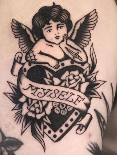 Traditional Inner Elbow Tattoo, American Traditional Cherub, Angel Traditional Tattoo, Traditional Cherub Tattoo, Inner Elbow Tattoos, Traditional Tattoo Black And White, Bold Tattoo, Traditional Heart Tattoos, Cupid Tattoo