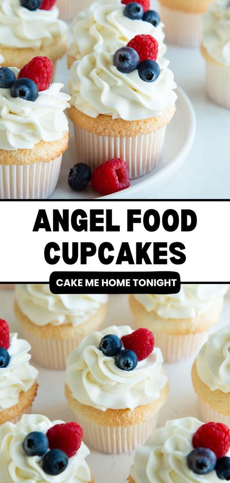 Homemade angel food cupcakes with vanilla whipped cream frosting. Easy cupcake recipe made from scratch! Angel Food Icing Recipes, Angel Food Cake Frosting, Vanilla Whipped Cream Frosting, Easy Cupcake Recipe, Homemade Cupcake Recipes, Angel Food Cupcakes, Cupcake Recipes From Scratch, Delicious Cupcakes Recipes, Food Cupcakes