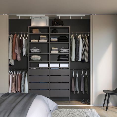 AURDAL wardrobe combination, dark gray, 92 1/8-118 1/8x15 3/4x87 ". Do you want to utilize the small and tricky places in your home? With AURDAL storage system you can customize a solution to fit all storage needs for shoes and clothes in the reach-in or walk-in closets. Steel. Ikea Closet System, Ikea Closet Organizer, House Closet, Closet Small Bedroom, Black Closet, Ikea Closet, Small Bedroom Furniture, Closet Hacks, Wardrobe Systems