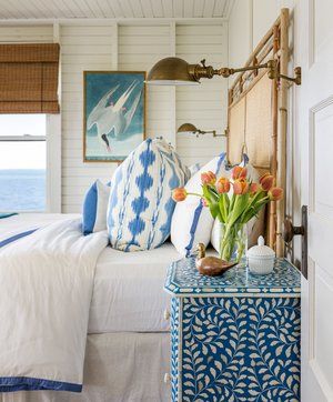 South Dartmouth Beach House — Lauren Grant Design Fun Beach House Interior, Colourful Beach House, Colorful Preppy Bedroom, Colorful Coastal Bedroom, Palm Beach Decor Interior Design, Beach Cottage Style Bedroom, Coastal Blue Bedroom, Palm Beach Bedroom, Lowcountry Cottage