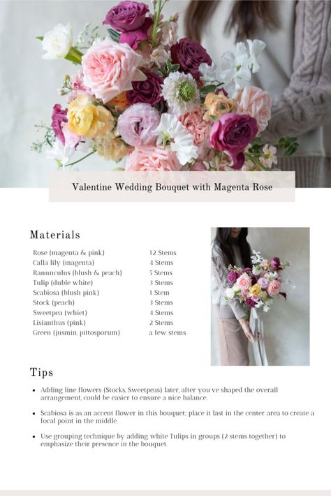 I put together the bouquet recipe for Valentine weddings using blush pink and magenta Garden roses along with ranunculus, sweetpeas, tulips, stocks, and calla lilies❤️ Flower Recipes Bouquet, Wedding Bouquet Recipe, Florist Business Plan, Floral Recipes, Florist Business, Flower Recipes, Bouquet Recipe, Ranunculus Bouquet, Simple Wedding Bouquets