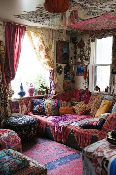 Embrace Free-Spirited Style with Bohemian Living Rooms 🛋️✨ Design a vibrant and eclectic living room with boho decor. Use colorful textiles, unique patterns, and plenty of plants to create a relaxed and artistic space. 🌿🌸 #BohemianLivingRoom #HomeDecor #BohoStyle #LivingRoomInspo Hippie Living Room Ideas, Living Room Hippie, Living Rooms Design, Hippie Living Room, Bohemian Lounge, Arranging Furniture, Colourful Interiors, Hippie Living, Houseboat Living