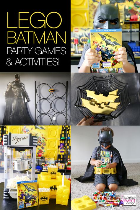 LEGO Batman Party Games and Activities to keep your guests busy and having fun!  Soiree Event Design | LEGO Batman Party Activities | http://soiree-eventdesign.com Batman Birthday Party Games, Batman Games For Kids, Batman Lego Party, Batman Birthday Games, Batman Party Games, Lego Batman Party Decorations, Lego Batman Game, Batman Party Ideas, Lego Batman Birthday Party