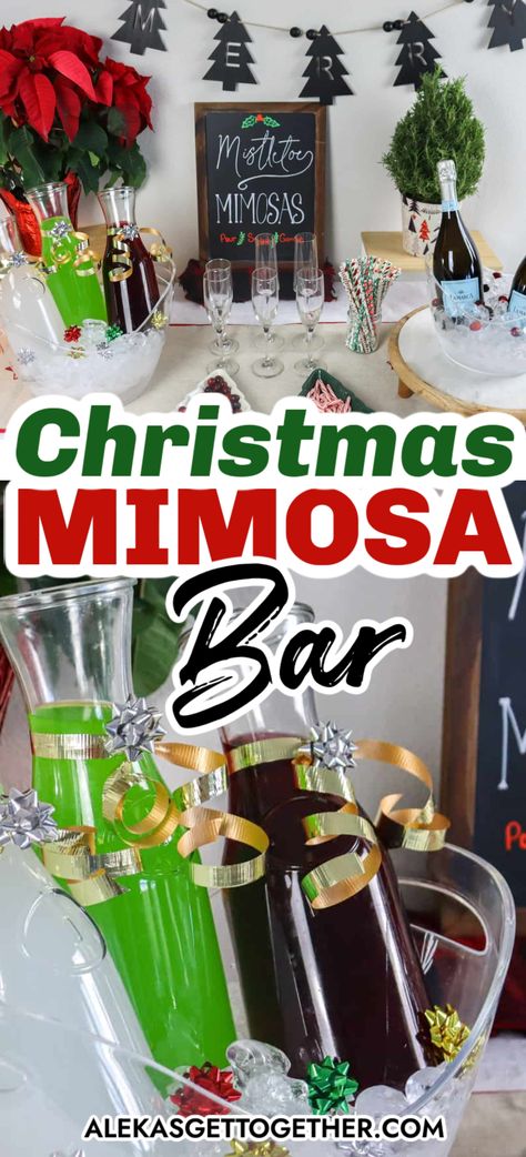 It's that time of the year again when the holiday spirit is in full swing, and it's all about getting together with friends and family. If you're thinking of hosting a laid-back yet festive gathering, why not spice things up a bit by setting up a Christmas Mimosa Bar!? Christmas Brunch Bar Ideas, Mistletoe Mimosa Ice Cube, Mimosa Christmas Bar, Miseltoe Mimosa, Mimosa Bar Ideas Christmas, Mimosa Bar Christmas, Christmas Mimosa Bar Ideas, Holiday Mimosa Bar, Christmas Mimosa Ideas