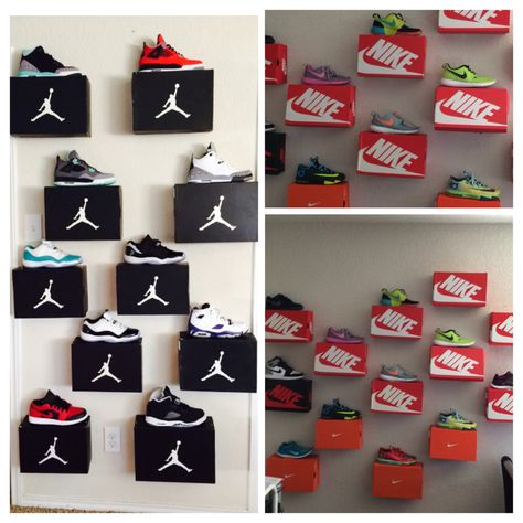 Shoe box shelves! All you need is 3/4 thumbtacks a box Shoe Display With Boxes, Shoe Box Room Ideas, Jordan 1 Shoe Box, Shoe Box Wall Display, Nike Shoe Box Wall, Shoe Box Wall Decor, Shoe Box Shelf Diy, Shoe Box Decor, Sneaker Boxes On Wall