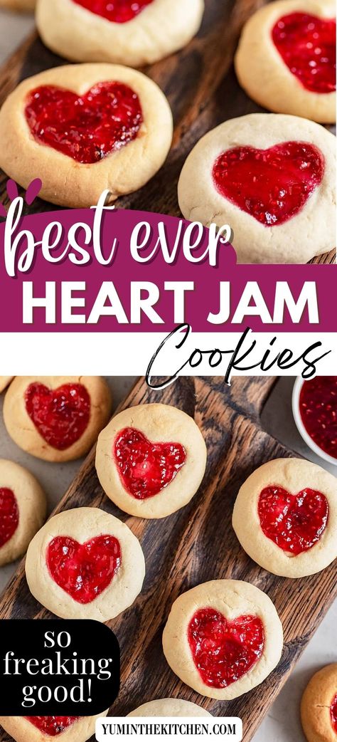 These easy heart jam cookies are perfect for Valentines day or as holiday cookies! An easy sugar cookie recipe with thumbprint hearts, filled with your favorite jam. We like strawberry, but cherry and raspberry work really well too! Valentines Thumbprint Cookies, Strawberry Heart Cookies, What To Make With Jam, Jam Filled Cookies Recipe, Gingerbread Heart Cookies, Heart Baked Goods, Heart Jelly Cookies, Jelly Heart Cookies, Thumbprint Cookies Heart