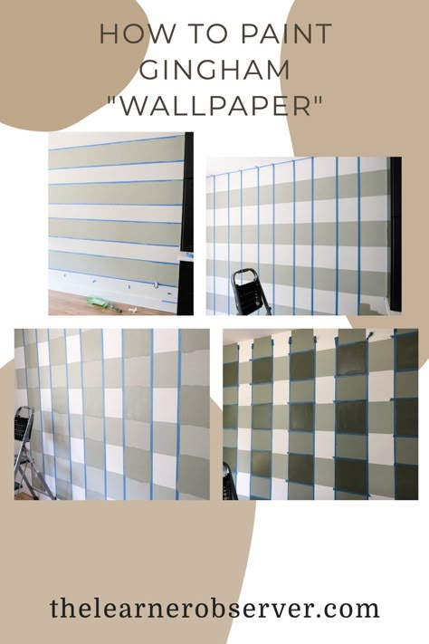 Painted Wall To Look Like Wallpaper, Plaid Wallpaper Playroom, Painted Gingham Wall, Gingham Wall Paint, Plaid Walls Painted, Painting Gingham Pattern Diy, Diy Buffalo Plaid Paint, Painting To Look Like Wallpaper, Diy Plaid Wall Paint