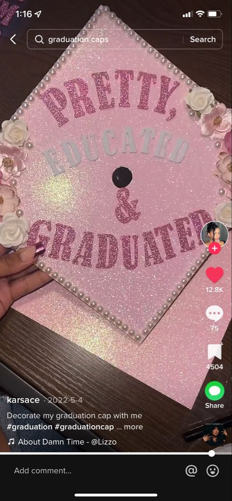 Aesthetician Graduation Cap, Pretty And Educated Grad Cap, Pink Sparkly Graduation Cap, Nail Tech Graduation Cap Ideas, Lash Tech Graduation Cap, Boujee Graduation Cap, Pink Girly Graduation Cap, Esthetician Graduation Cap Ideas, Nail Tech Cap Decoration Graduation