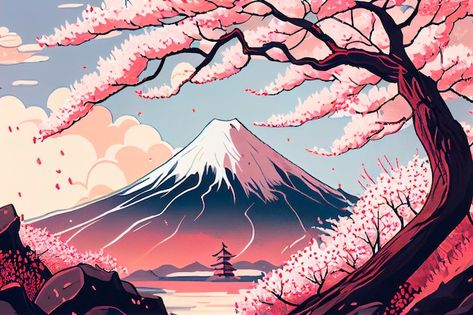 Mont Fuji Et Paysage De Fleurs De Cerisi... | Premium Photo #Freepik #photo #fuji #mont-fuji #paysage-japonais #fond-paysage Bike Mural, Sakura Logo, Gunung Fuji, Monte Fuji, Fantasy World Map, Japan Landscape, Mont Fuji, Dreamy Artwork, Japon Illustration