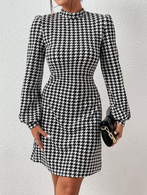 Work Attire, Houndstooth Fabric, Lantern Sleeve Dress, Houndstooth Dress, Long Sleeve Casual Dress, Tweed Dress, Tweed Fabric, Lantern Sleeve, Elegant Outfit