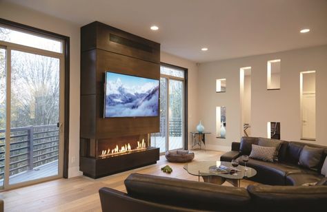 Living Room Layout Fireplace, Modern Fireplace Decor Ideas, Tv Over Fireplace Ideas, Fireplace Between Windows, Room Layout With Fireplace, Ortal Fireplace, Living Room Layout With Fireplace, Modern Fireplace Decor, Fireplace Decor Ideas