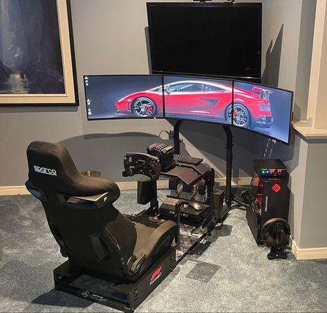 Car Simulator Setup, Racing Simulator Room, Modern Mancave, F1 Simulator, Racing Setup, Wfh Space, Modern Man Cave, Gamer Bedroom, Computer Gaming Room