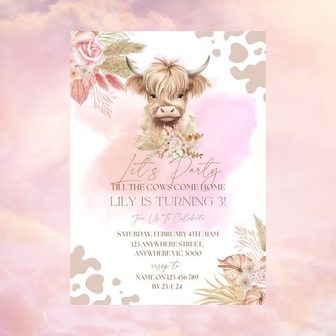 Let’s Party Until The Cows Come Home 🐮✨ Holy Cow! Is this not the cutest highland cow invitation you have ever seen! 🤍 Highland Cow 1st Birthday Girl, Birthday Rodeo Theme, Highland Cow 1st Birthday, Highland Cow Birthday Party, Highland Cow Party, Cow 1st Birthday, Cow Birthday Parties, Cow Birthday, 1st Birthday Party Decorations