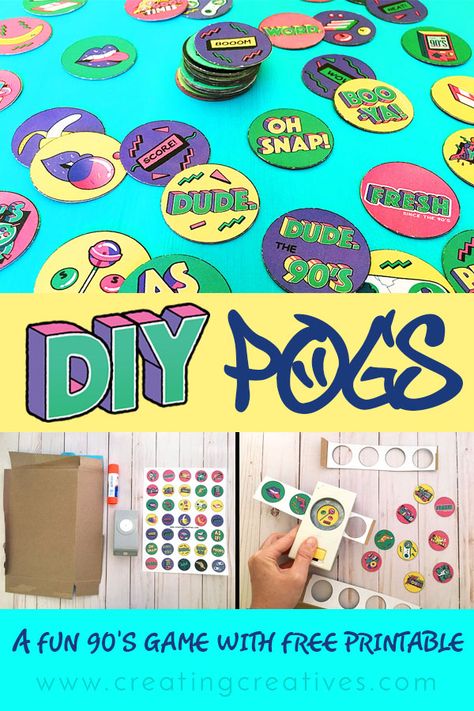 DIY POGs a fun game from the 90s #POGs #90sparty Pogs 90s Diy, Pogs 90s Game, Free 90s Printables, 90's Games, Decades Activities For Kids, 90s Party Printables Free, 90s Printables, 90s Activities, Diy Retro Party Decorations