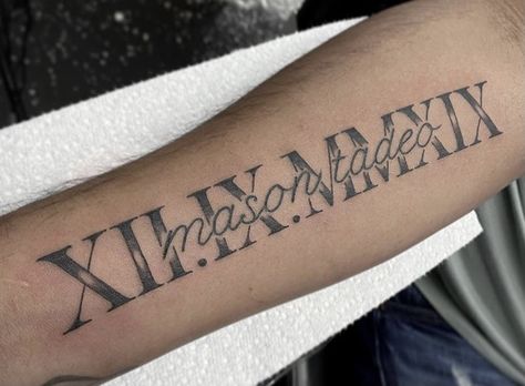 Roman Numerals With Name Tattoo, Mens Roman Numeral Tattoo Forearm, Cursive Roman Numeral Tattoo, Mens Roman Numeral Tattoo, Roman Numeral Tattoo Men, Roman Numeral Tattoo With Name, Levi Tattoo, Bday Tattoo, Tatts Ideas