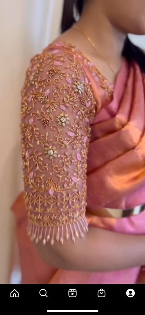 Pink Blouse Neck Designs, Blouse Design For Marriage Function, Pink Bridal Blouse Designs South Indian, Reception Aari Work Blouse Design, Aari Work Net Blouse Wedding, Reception Aari Work Blouse, Light Pink Blouse Aari Work Design, Aari Work Blouse Net Model, Wedding Blouse Work Designs Pattu