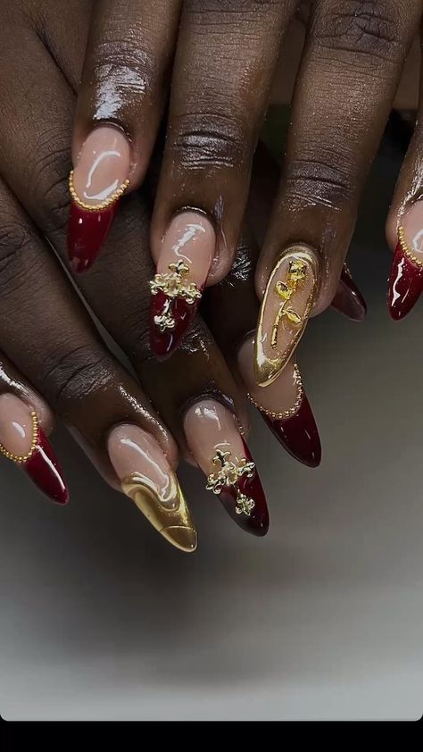 Gold Maximalist Nails, Red French Tip Nail Designs, Red Nails Gold, Tip Nail Designs, Red French Tip, Prom Nails Red, Red And Gold Nails, How To Have Style, Gold Acrylic Nails