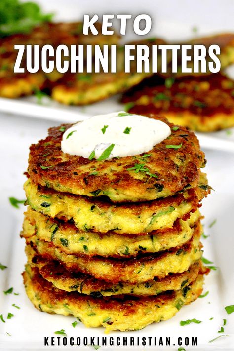 Keto Zucchini Fritters with a homemade dipping sauce are a super tasty and low carb way to put all that delicious summer zucchini to use. They're perfect to serve at brunch, as an appetizer or side dish! #ketoappetizer #ketozucchini #ketosidedish Keto Low Carb Zucchini Fritters, No Carb Zucchini Recipes, Keto Zucchini Fritters Recipes, Keto Corn Fritters, Courgette Keto Recipes, Keto Recipes Using Zucchini, Easy Keto Zucchini Recipes, Keto Stuffed Zucchini Recipes, Keto Zucchini Side Dish Recipes