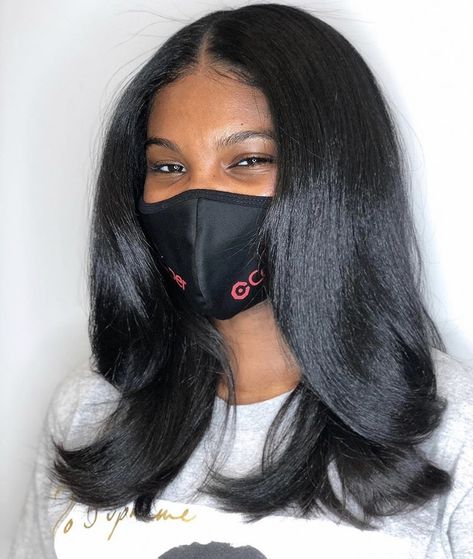 silk press bone straight wig black girl weave sew-in aesthetic hair natural hair Relaxed Hair With Layers, Bone Straight Wig, Pressed Natural Hair, Hair Portfolio, Silk Press Natural Hair, Twisted Hair, Long Haircuts, Bob Braids, Ruffle Jumpsuit