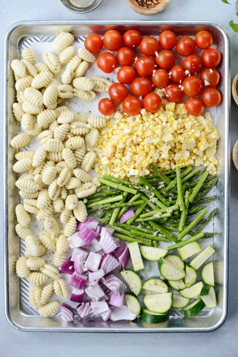 One Sheet Pan Dinners Healthy, Texture Friendly Meals, Gnocchi Tray Bake, Sheet Pan Gnocchi, Sheet Pan Suppers, Sheet Pan Dinners Recipes, Summer Vegetables, Tray Bake, Sheet Pans