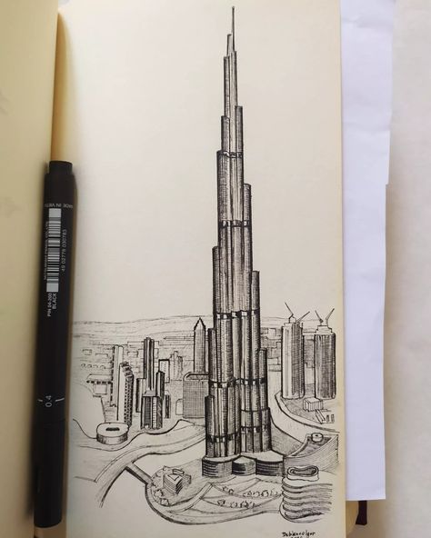 The tallest buildings in the world in miniature 828-metre, Burj Khalifa in Dubai in 18,5 cm & rapidograph, my drawing, architecture, UAE, Dublenco, Asia. Dubai Drawing Sketch, Burj Khalifa Sketch, Burj Khalifa Drawing, Dubai Drawing, Town Sketch, Plane Drawing, Hard Drawings, Dubai Frame, Dubai Art