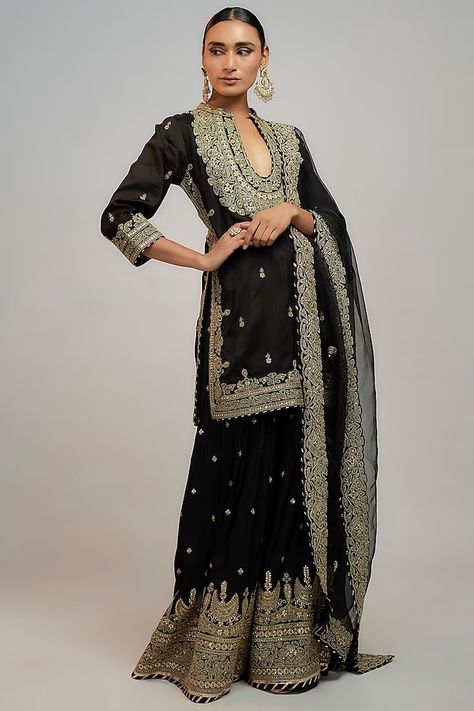 Black Tussar Marodi Embroidered Sharara Set Design by GOPI VAID at Pernia's Pop Up Shop 2024 Kalidaar Suit, Black Sharara Suit, Black Sharara, Lehenga Outfit, Gopi Vaid, Embroidered Sharara, Sharara Suit, Indian Couture, Sharara Set