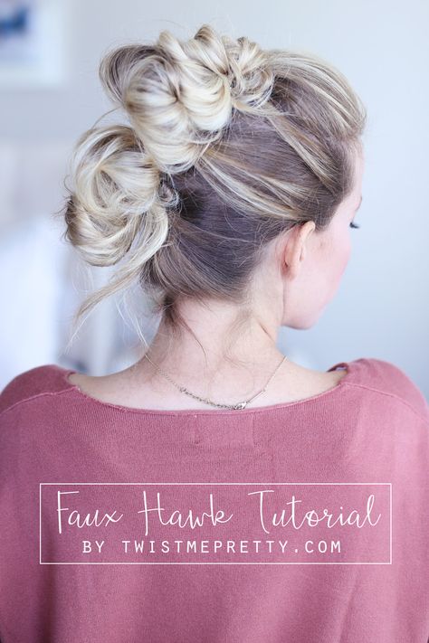 Easy Faux Hawk Updo Long Hair, Faux Hawk For Short Hair, Messy Bun Faux Hawk, Easy Holiday Updo Long Hair, Faux Hawk For Long Hair, Faux Hawk Ponytail Tutorial, New Years Eve Updo Hairstyles, Faux Hawk Buns, Long Hair Faux Hawk Tutorial