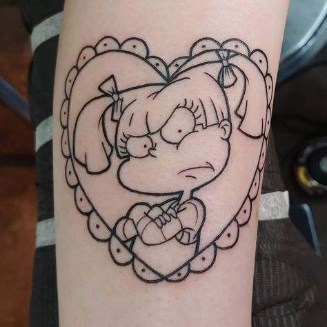 VINTAGE TATTOOS on Instagram: “Angelica from Rugrats . Color photo soon thanks for looking #cartoontattoos #rugratstattoo #nikalodeon #nikalodeonuniverse” 90s Baby Tattoo, Traditional Tattoo Painting, Kawaii Tattoos, 90s Tattoos, Vintage Tattoos, Brain Tattoo, Knuckle Tattoos, Retro Tattoos, Kawaii Tattoo