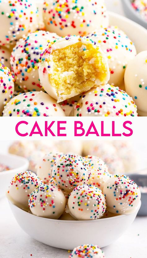 A collage of two photos of white chocolate covered cake balls, with small non pareil rainbow sprinkles all over them. Cake Balls With Box Cake, Cake Balls Recipe Easy, Spice Cake Balls, Cake Ball Recipe, Pumpkin Cake Balls, Truffle Dessert, Cake Balls Recipe, Cake Ball Recipes, Dessert Truffles