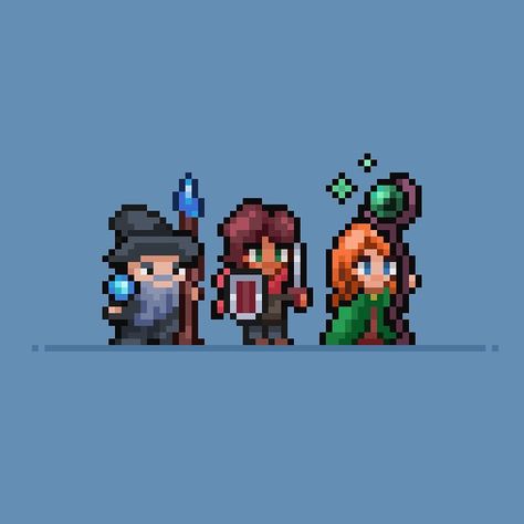 The mage, the knight, and the healer [16x32 sprites]. This is my first time drawing character designs with pixel art. How’d I do? - - - #pixelart #aseprite #rpg 32 Pixel Character, 32 Pixel Art, Pixel Art Character Base, Pixel Sprites Character, 16 X 16 Pixel Art, 32x32 Pixel Art Characters, Pixel Art Illustration, Pixel Game Character, Pixel Art Person