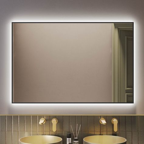 Black Frame Led Mirror Bathroom, Black Frame Led Mirror, Large Bathroom Mirror Ideas, Bathroom Rectangle Mirror, Large Mirror Frame, Back Lit Mirror, Framed Mirror Bathroom, Light Up Bathroom Mirror, Rectangle Vanity Mirror