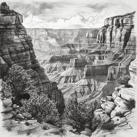 PRINTABLE ART | Digital Artwork of a Grand Canyon Sketch Instantly download, print and frame a piece of artwork. *If you would like a higher resolution download please contact me. Grand Canyon Drawing, Charcole Drawings, Grand Canyon Art, Dinosaur Sketch, Mountain Drawing, Pen Art Drawings, Grayscale Coloring, Nature Art Painting, Landscape Drawings