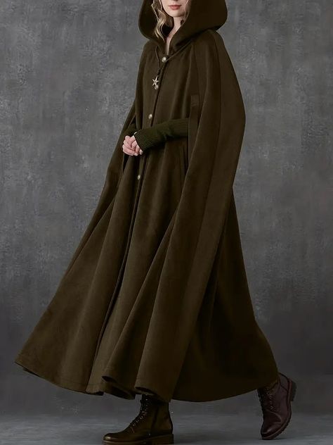 Women's Elegant Coat Plus Size Solid Cape Sleeve Button Up - Temu Ponchos, Cloak Clothing, Wool Cloak, Winter Cloak, Medieval Cloak, Cloak Coat, Hooded Wool Coat, Medieval Woman, Cashmere Cape