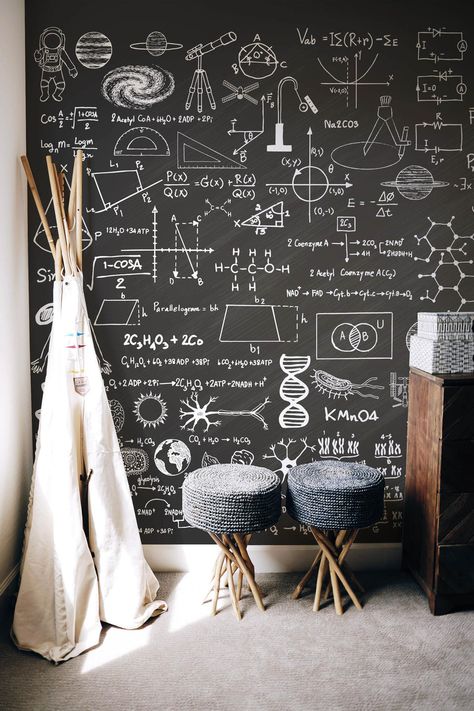 This Science Chalk Board wall mural is perfect for any room that needs some action on the walls. Ignite your children's curiosity with the complex formulas of every day science which creates a cool back drop to any room. The dark chalk effect on this wallpaper mural is perfect for a play room or children's room. Science Bedroom Decor, Scientific Formulas, Science Bedroom, Boho Homes, Peel And Stick Wall Murals, Science Room, Science Classroom Decorations, Science Decor, Desert Boho