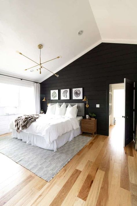 Color: Tricot Black by Sherwin Williams Black Accent Wall, Bedroom Paint Colors Master, Stylish Bedroom Decor, Western Rooms, Black Accent Walls, Beautiful Bedrooms Master, Black Bedroom Furniture, Modern Farmhouse Bedroom, Bedroom Images