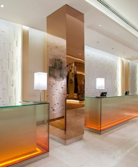 Mirror Reception Desk, Office Mirror Wall, Mirror Reception, Glass Reception Desk, Glass Reception, Retail Flooring, Glass Counter, Reception Desk Design, Reception Counter