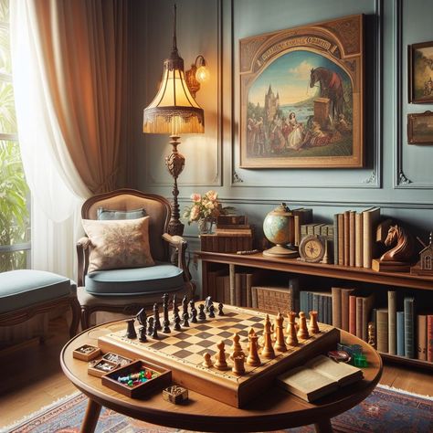 Classic Board Game Corner Game Tables And Chairs, Chess Corner In Living Room, Board Game Corner In Living Room, Library Game Room Ideas, Vintage Games Room, Small Board Game Room, Living Room Game Table, Old Money Game Room, Formal Game Room