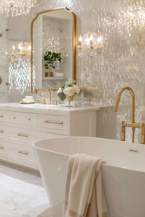 Bathroom Inspirations Luxe, Abalone Tile Bathroom, Glitter Shower Tile, Master Bath Tile Wall, White Gold Master Bath, Calcutta Gold Shower Walls, Pearl Tile Bathroom Shower Walls, Venetian Bathroom Ideas, Contemporary Glam Bathroom