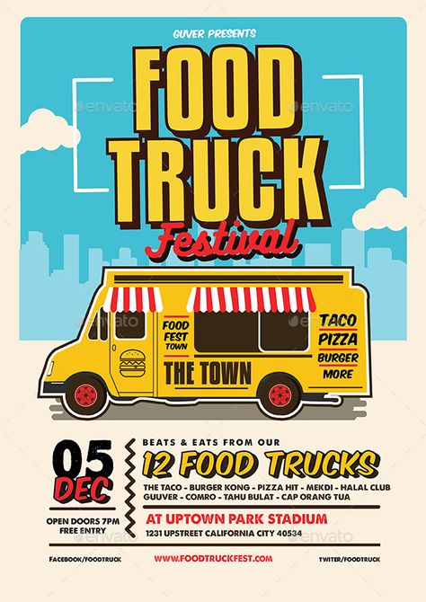 Food Truck Poster Design, Foodfest Poster, Food Truck Flyer, Food Festival Poster, Food Truck Events, Pop Art Food, Truck Festival, Food Truck Festival, Food Menu Template