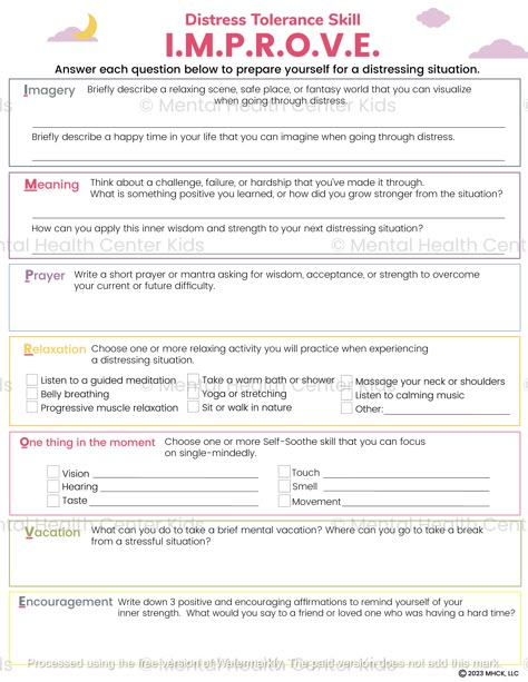 IMPROVE the Moment skill using Imagery, Meaning, Prayer, Relaxation, One Thing in the moment, Vacation, and Encouragement aims to improve your thoughts or physical sensations so that the current moment becomes easier to handle. Each letter in IMPROVE represents an approach to make the moment more tolerable. The IMPROVE skill offers relief to clients through coping strategies during distress. The DBT IMPROVE Worksheet features a two worksheet set helping clients to prepare for a distressing situa Improve Dbt Skill, Coping Skills Worksheet, Dbt Skills Worksheets, Distress Tolerance Worksheets, Dbt Activities, Distress Tolerance Skills, Coping Skills Worksheets, Counselling Tools, Counseling Worksheets