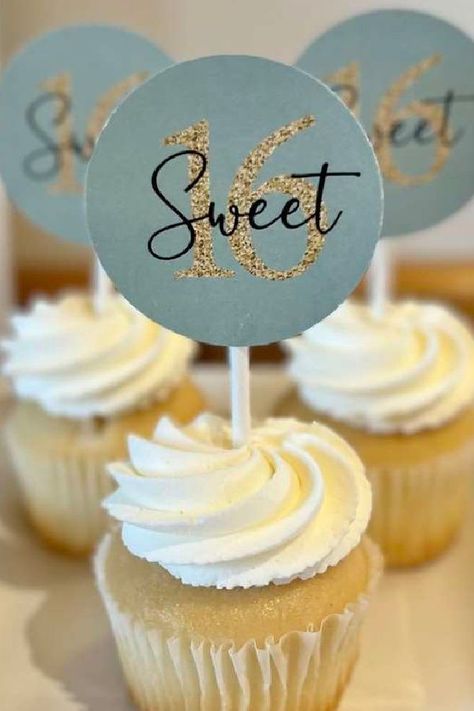 Don't miss this wonderful eucalyptus and charcuterie Sweet 16! The cupcakes are so cute!! See more party ideas and share yours at CatchMyParty.com Cupcake Sweet 16, Sweet 16 Cupcakes Ideas, Sweet 16 Cupcake Ideas, Charcuterie Birthday Party, Sweet 16 Cupcake Toppers, Charcuterie Birthday, 16 Cupcakes, Sweet 16 Cupcakes, Girl Birthday Cupcakes