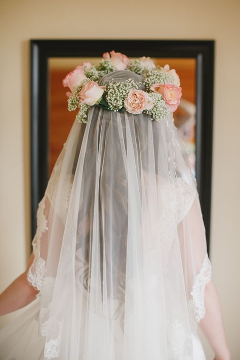 Large flower crown on top of veil. Bride wearing floral crown over lace-trimmed veil.  #bridalstyle #bridalbeauty #floralcrown #weddingveil Flower Crown With Veil, Flower Crown Wedding Veil, Crown With Veil, Veil Crown, Flower Crown Veil, Crown Veil, Lace Trimmed Veil, Makeup Hairstyles, Bridal Makeup Wedding