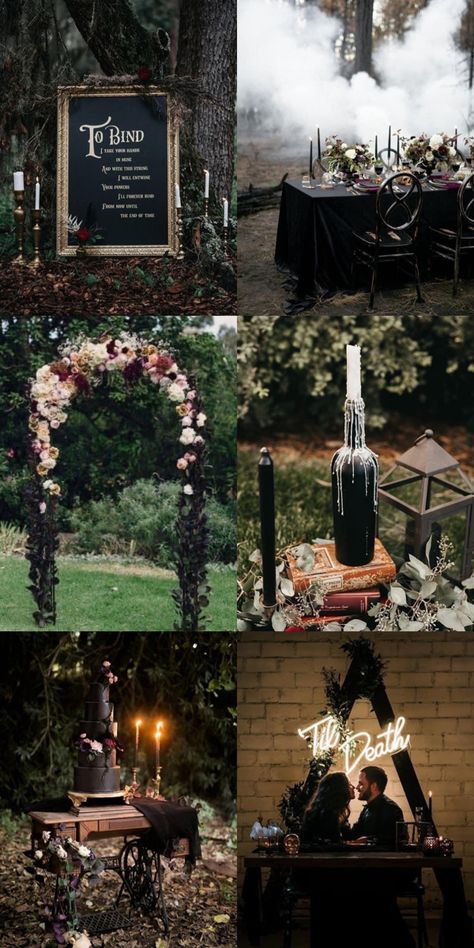 Gothic Woods Wedding, Modern Goth Wedding, Witch Theme Wedding, Spooky Forest Wedding, Witchy Wedding Theme, Dark Wedding Aesthetic Decor, Dark Theme Wedding Decor, Forest Goth Wedding, Black Wedding Aesthetic Wedding Ceremony Decor