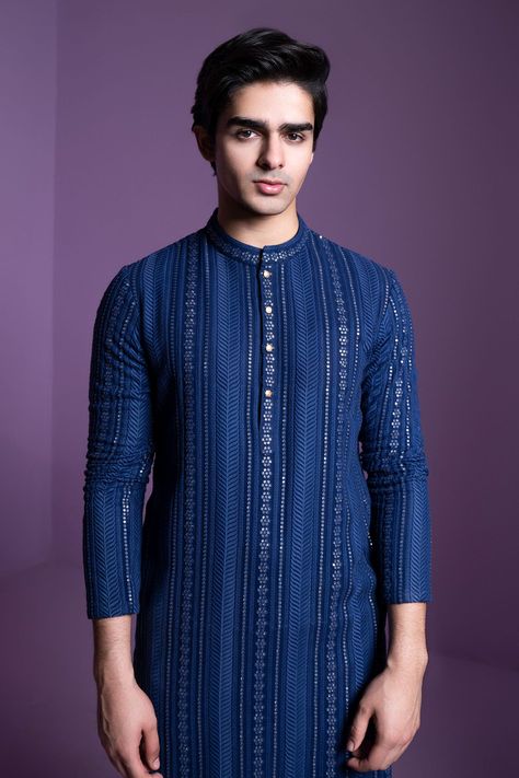 Buy Blue Georgette Embroidered Chikankari Embellished Kurta With Pant For Men by Contrast By Parth Online at Aza Fashions. Blue Chikankari Kurta, Chikankari Kurta Set, Stylish Boy Clothes, Embellished Buttons, Chikankari Embroidery, Marriage Dress, White Pant, Blue Kurta, Mens Kurta Designs