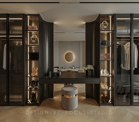 Closet With Vanity Built In, Walkin Closets Design, Luxurious Walk In Closet, Luxurious Dressing Room, Modern Wardrobe Design, Minimalist Studio, Colorful Room Decor, Dream Closet Design, Walk In Closet Design